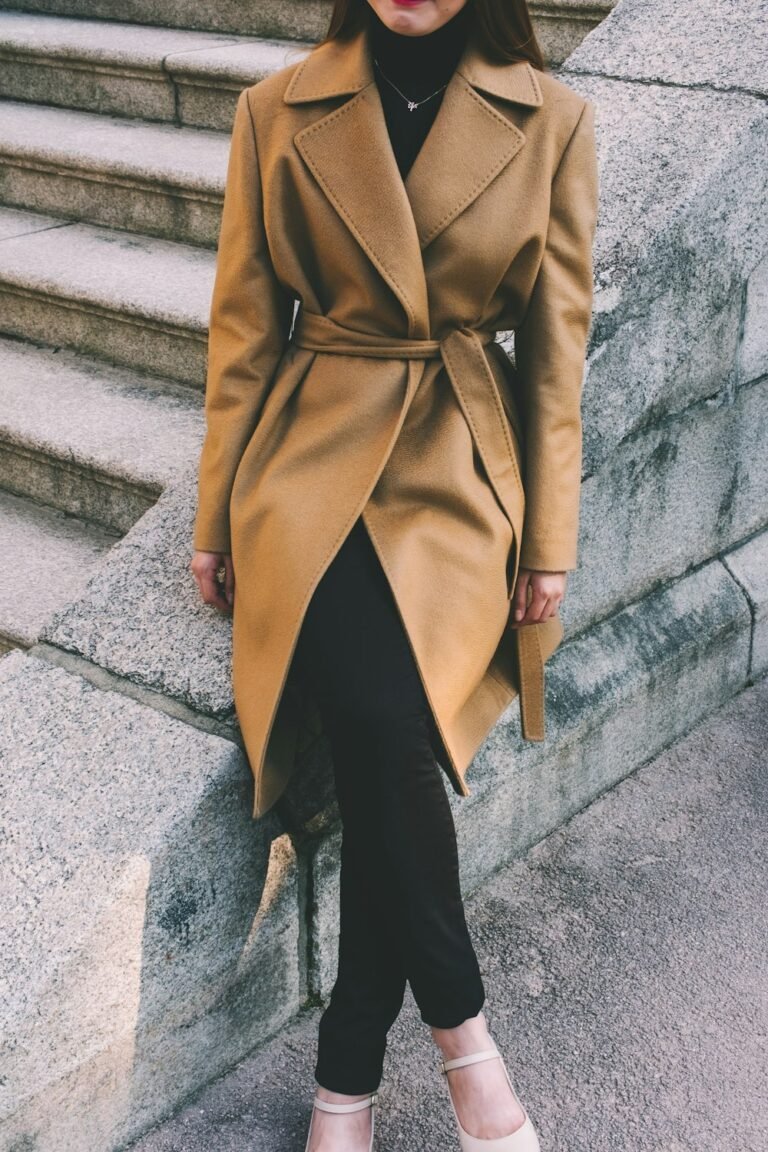 Woman wearing a brown notched lapel wool coat