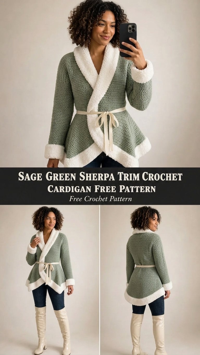 Sage Green Cardigan with Sherpa Trim – Free Crochet Pattern
