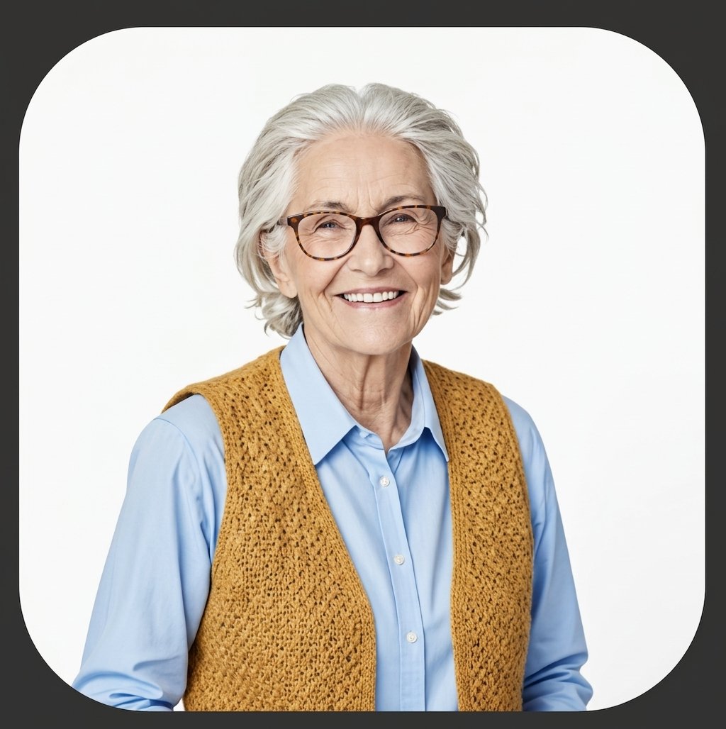 Sandra, the maker behind Femme Crochet File, wearing a mustard crochet vest