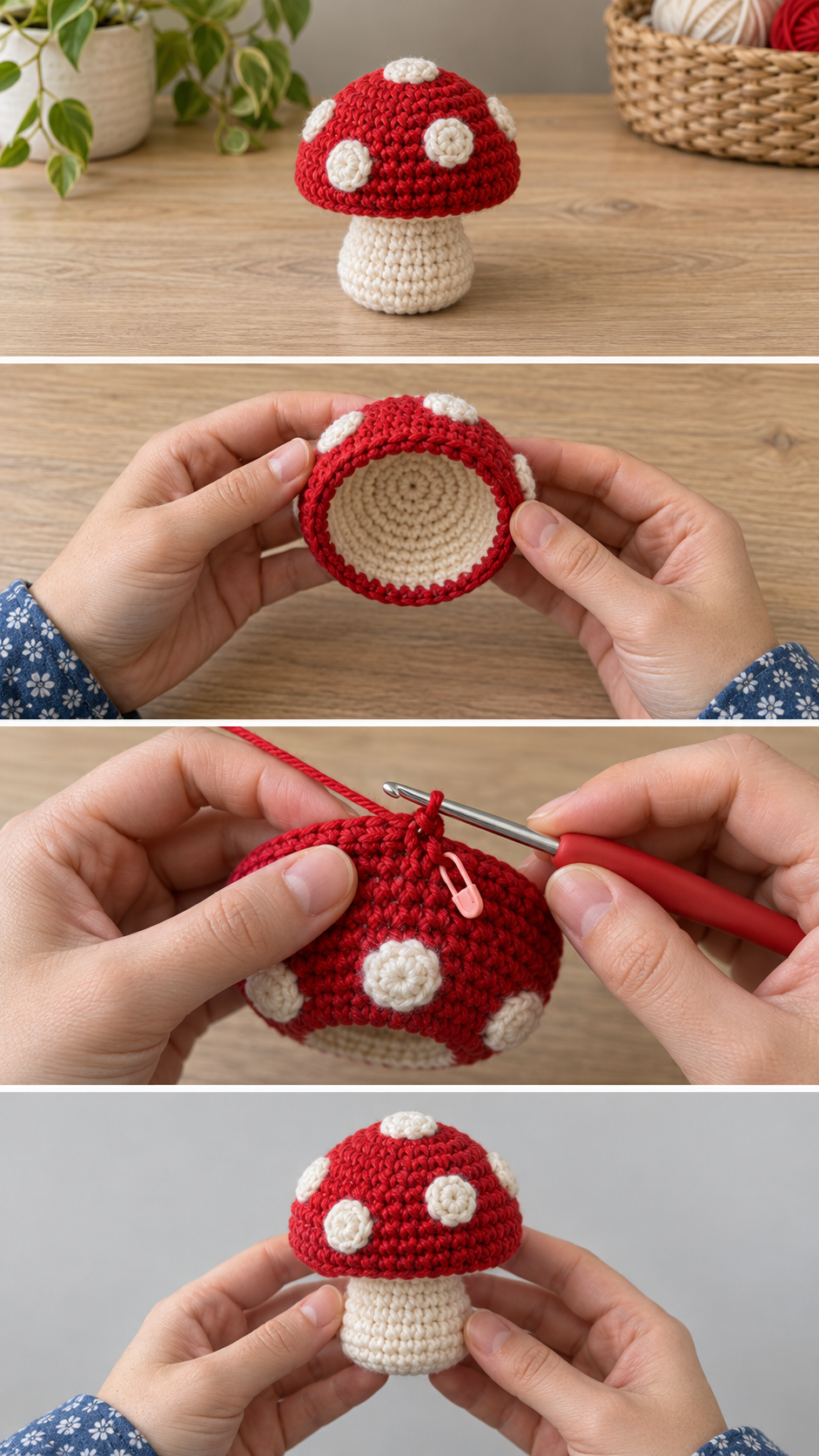 Red and white crochet amigurumi mushroom shown from the finished toy to the cap being crocheted