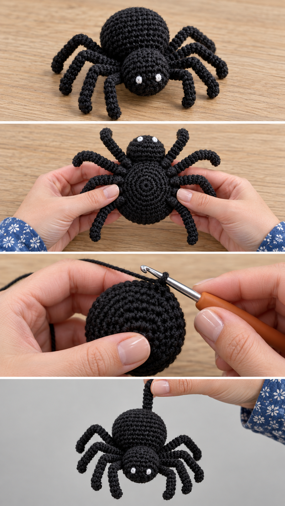 Black amigurumi spider shown finished, from below, while the body is crocheted, and held by one leg