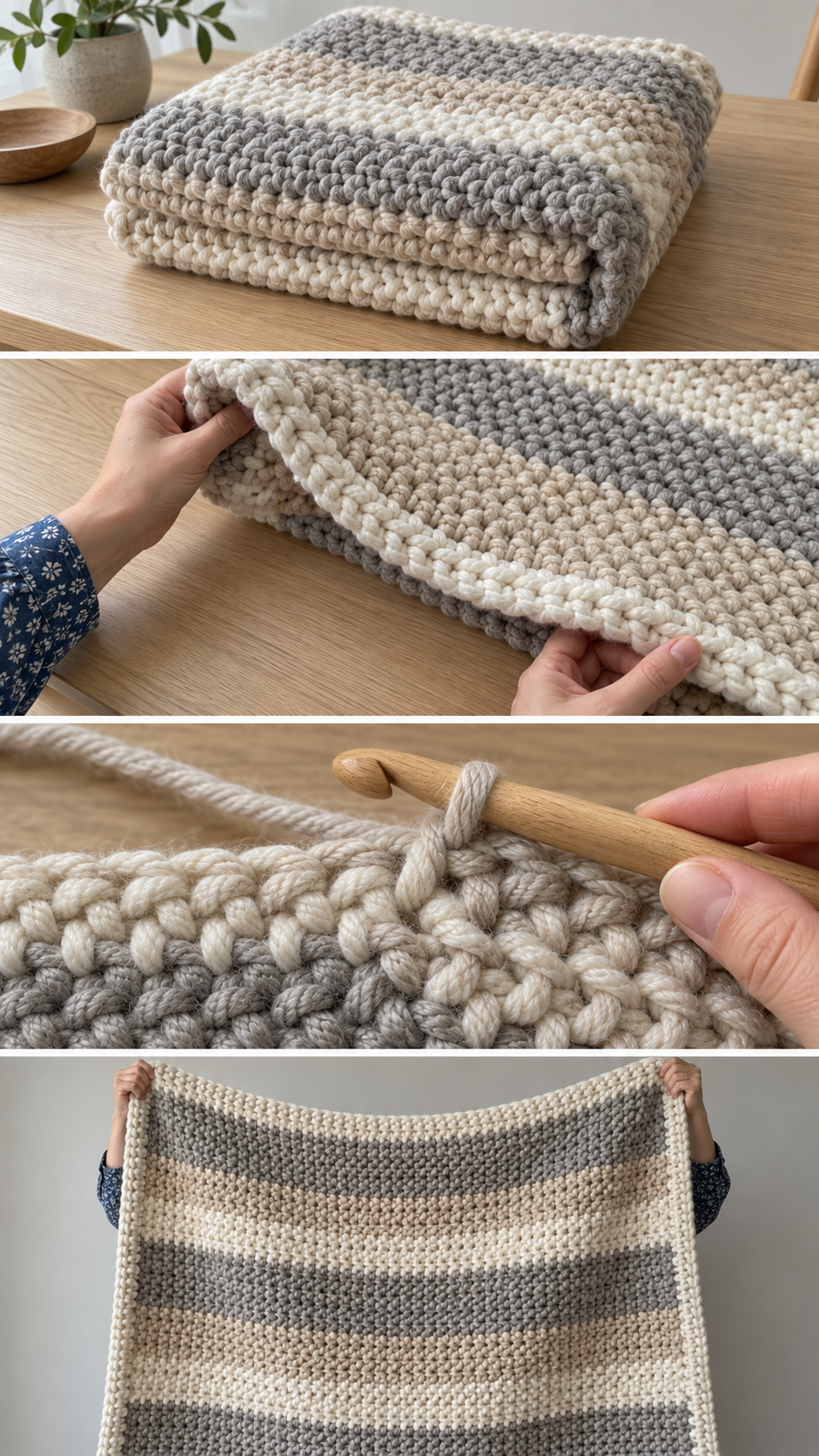 Chunky linen stitch throw blanket shown folded, held open, being crocheted and finished