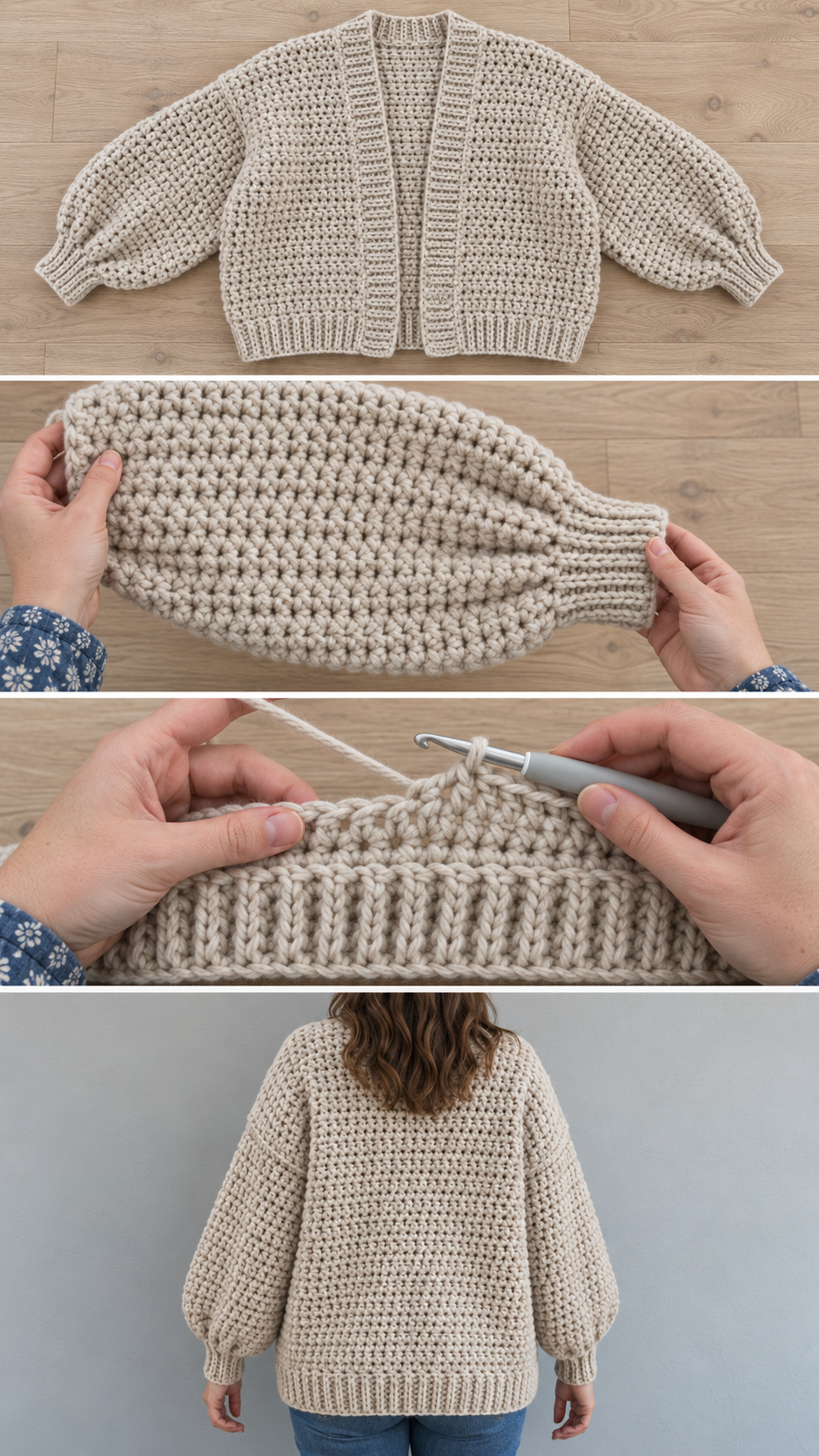 Chunky oversized crochet cardigan shown flat, with the gathered ribbed cuff, being crocheted from the ribbing and worn from the back