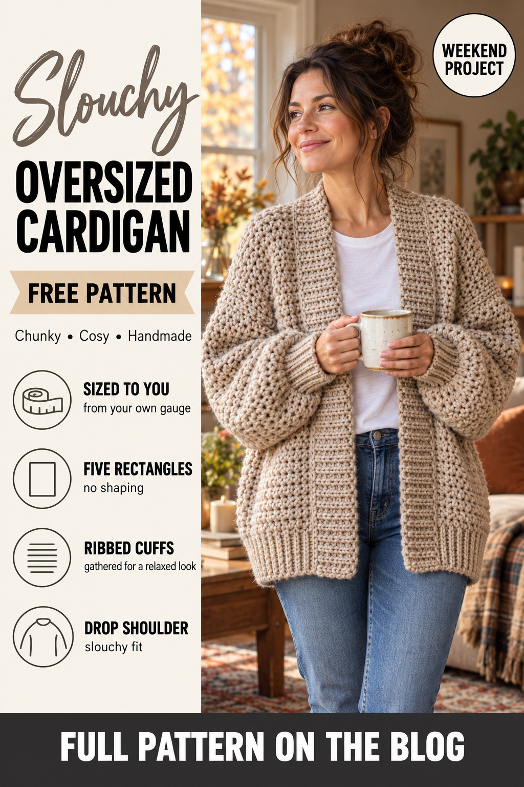Chunky oversized crochet cardigan free pattern with ribbed cuffs, hem and front bands