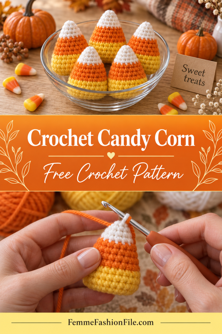 Crochet candy corn amigurumi free pattern in white, orange and yellow
