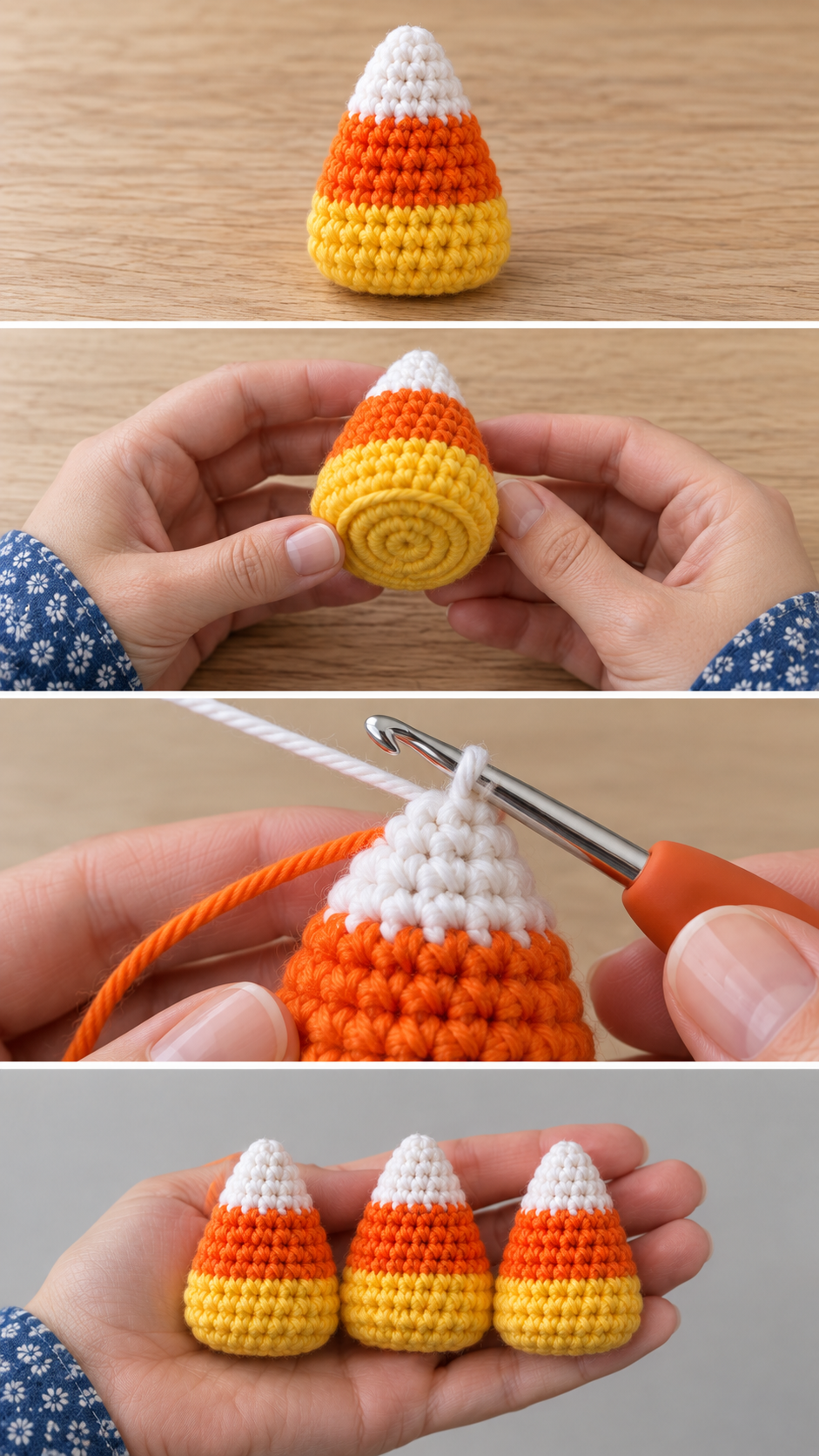 Crochet candy corn shown standing, from the flat yellow base, at the colour change and in a row of three