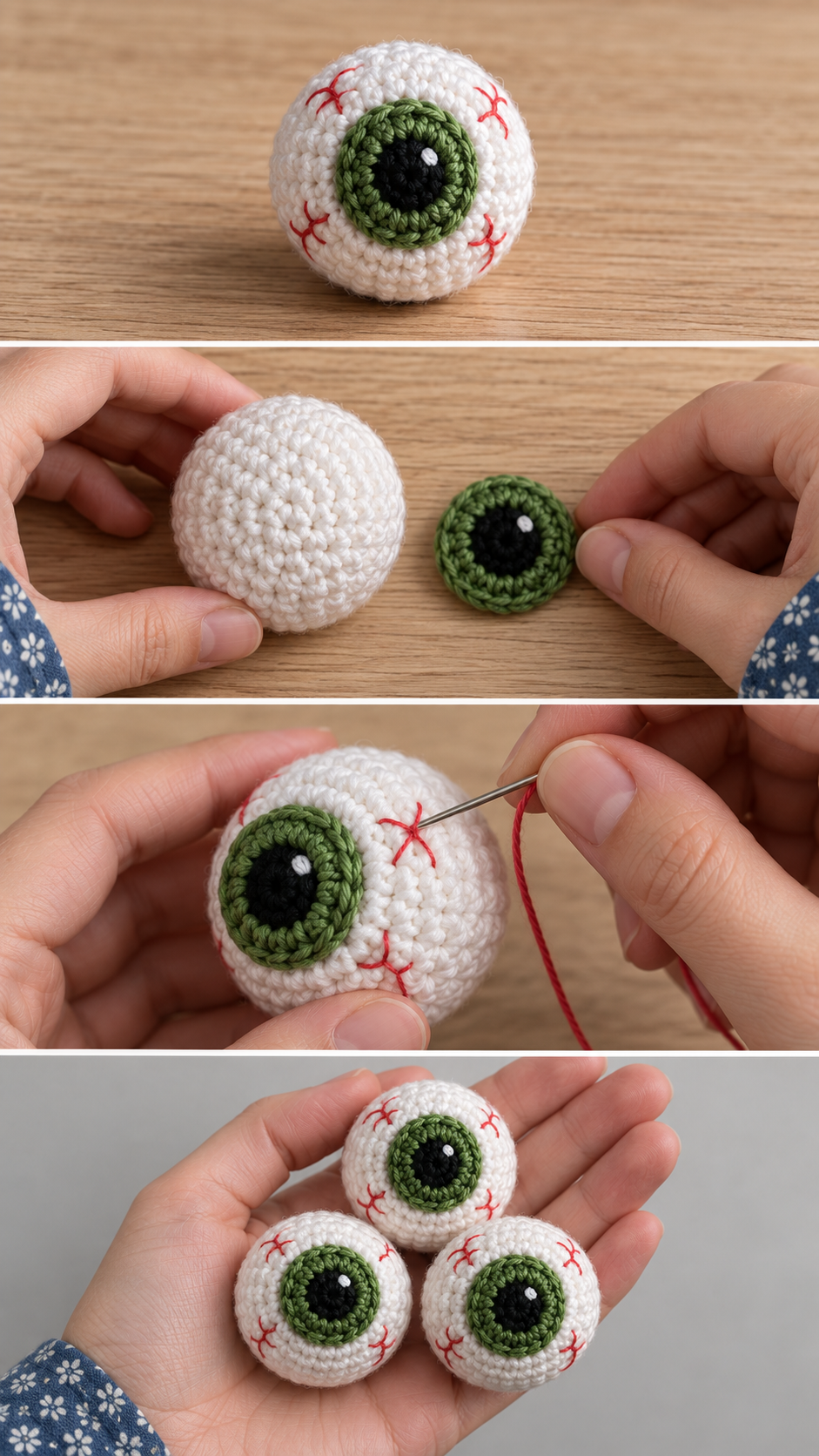 Crochet eyeball shown finished, as a plain ball and iris, with veins being embroidered and three in a palm
