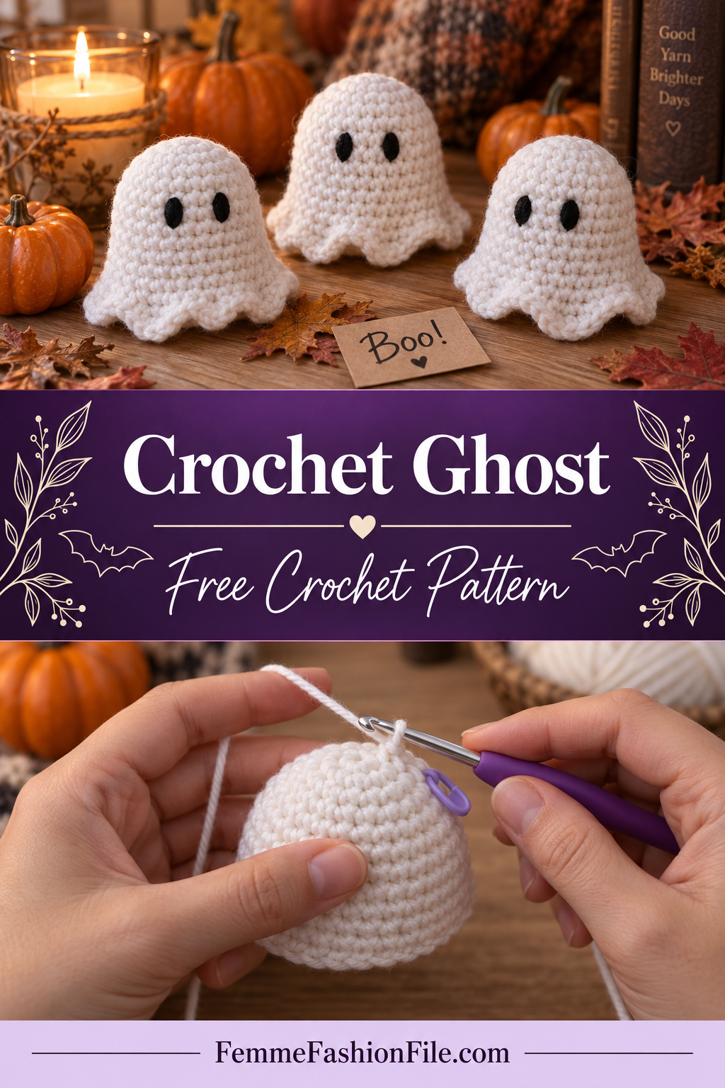Crochet ghost amigurumi free Halloween pattern with a scalloped hem
