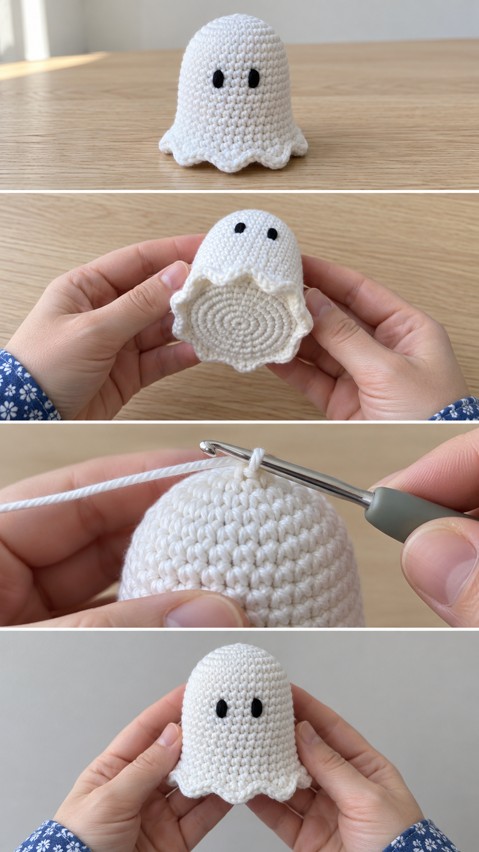 White crochet ghost shown standing, tilted to show the base and hem, being crocheted and held up