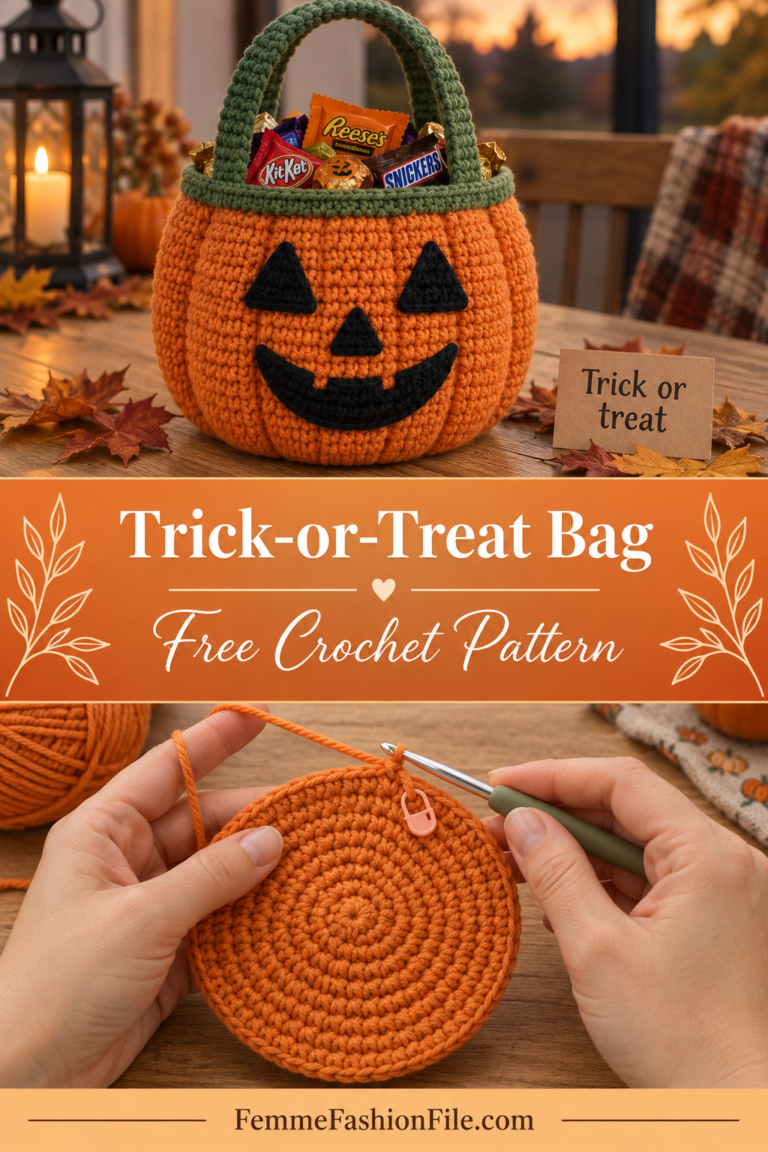 Crochet trick or treat bag free pattern shaped like a jack-o-lantern bucket