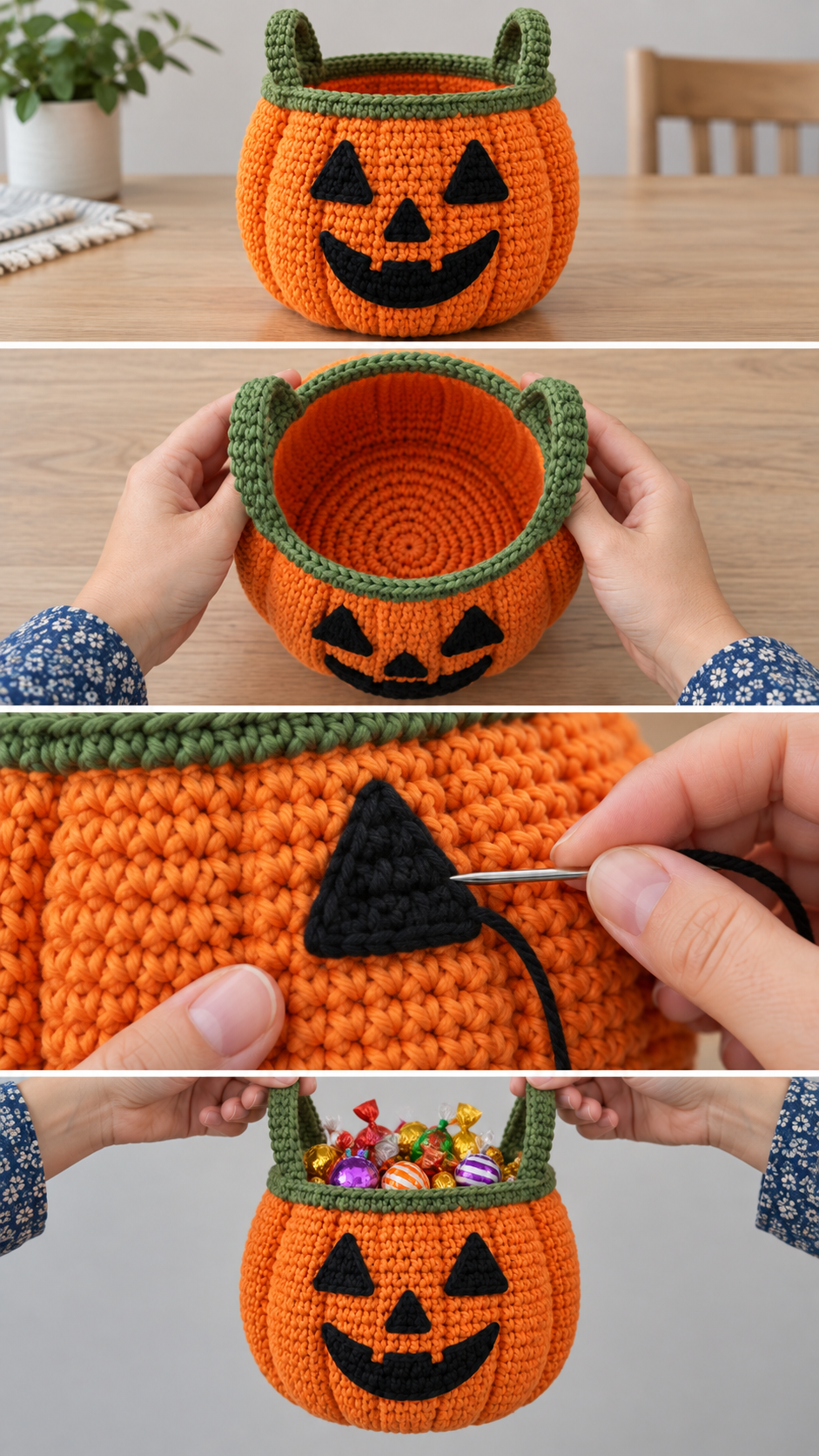 Orange crochet pumpkin treat bag shown finished, open to the base, with its face being sewn and full of sweets