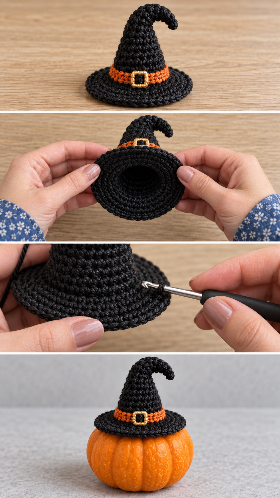 Mini crochet witch hat shown finished, upside down, with the brim being worked and sitting on a pumpkin