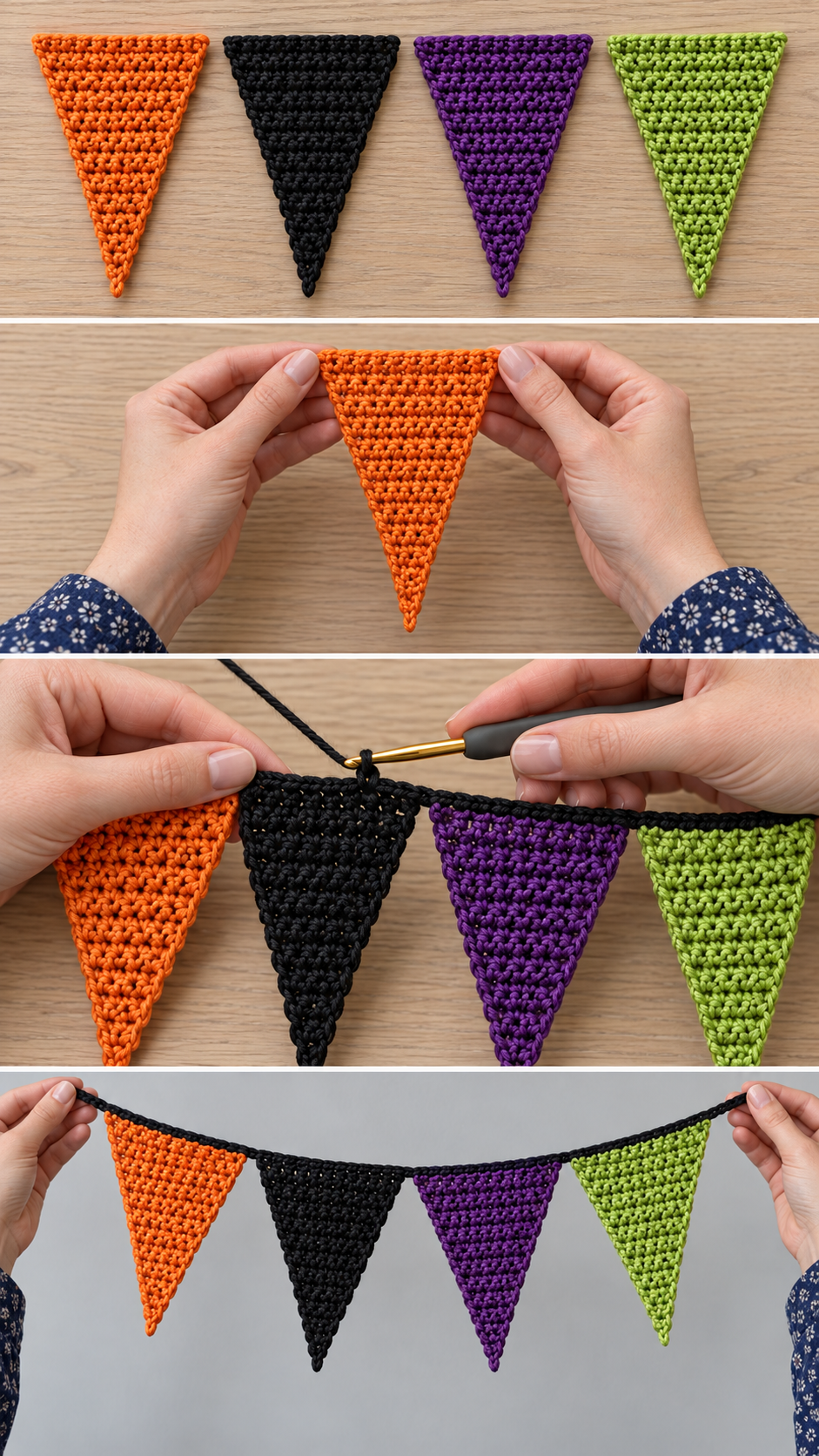 Halloween crochet pennants shown in a row, held up, being joined on a chain and as a finished garland