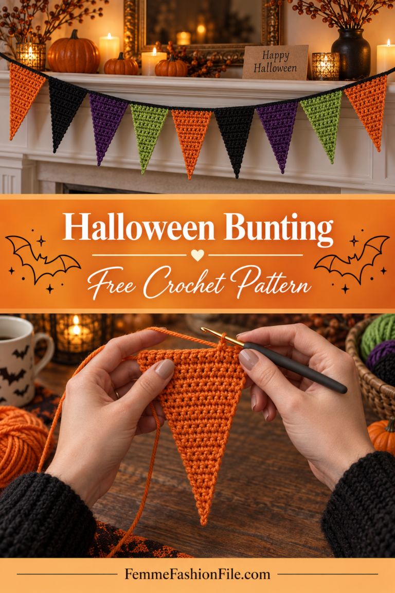 Halloween crochet pennant garland free pattern in orange, black, purple and green