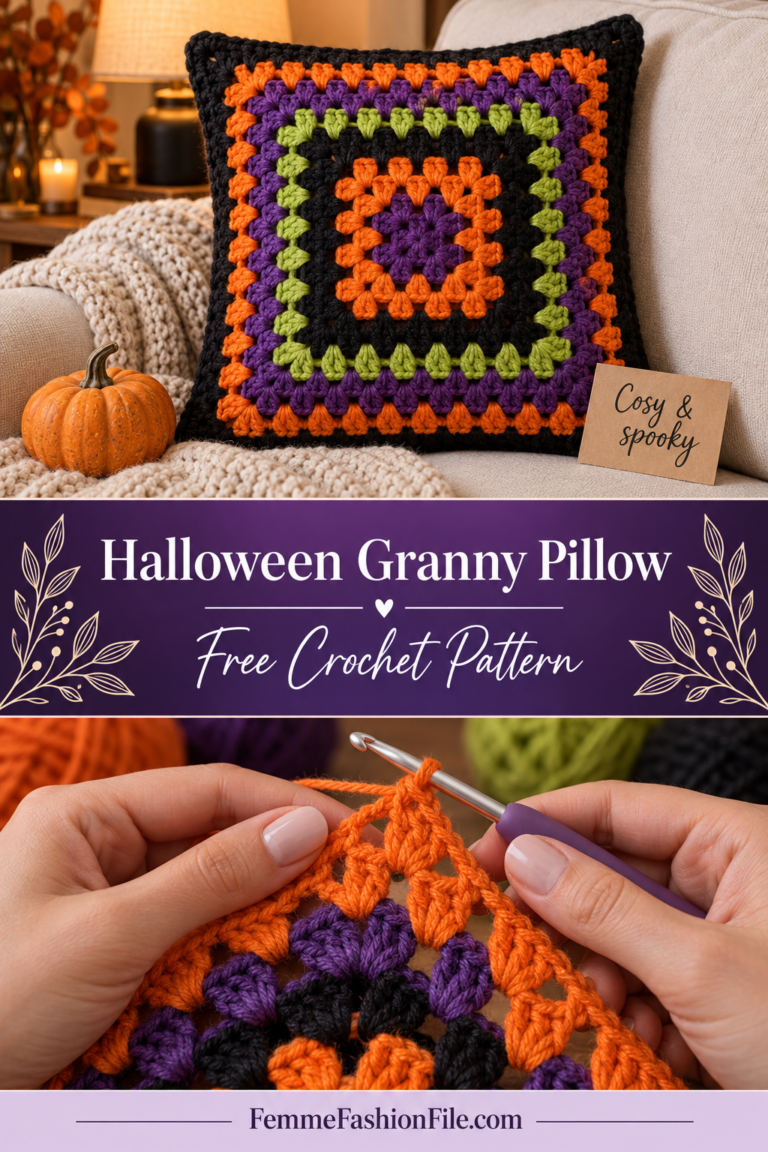Halloween granny square pillow free crochet pattern in orange, purple, black and green