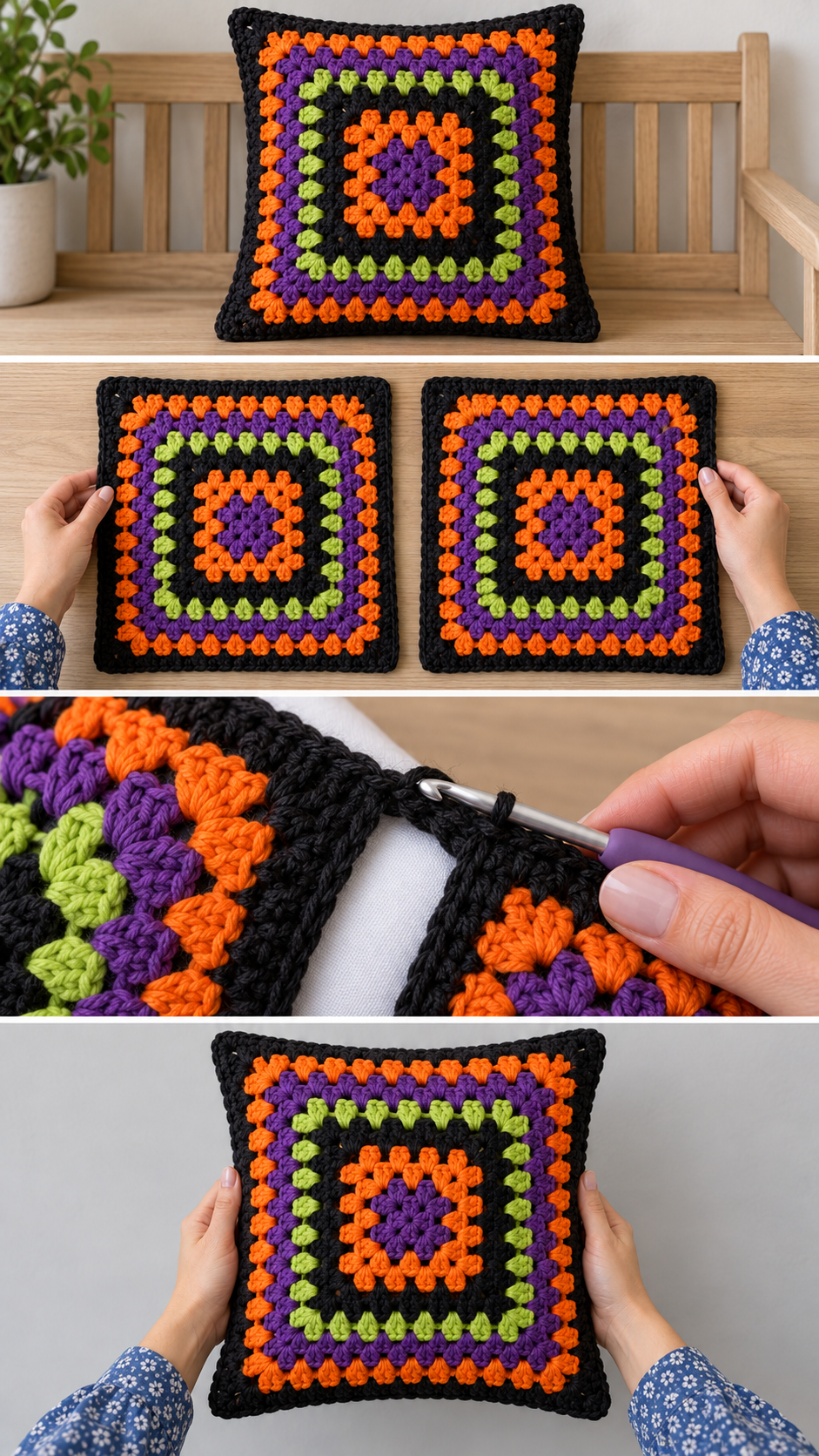 Halloween granny square pillow shown finished, as two squares, being joined in black and held up
