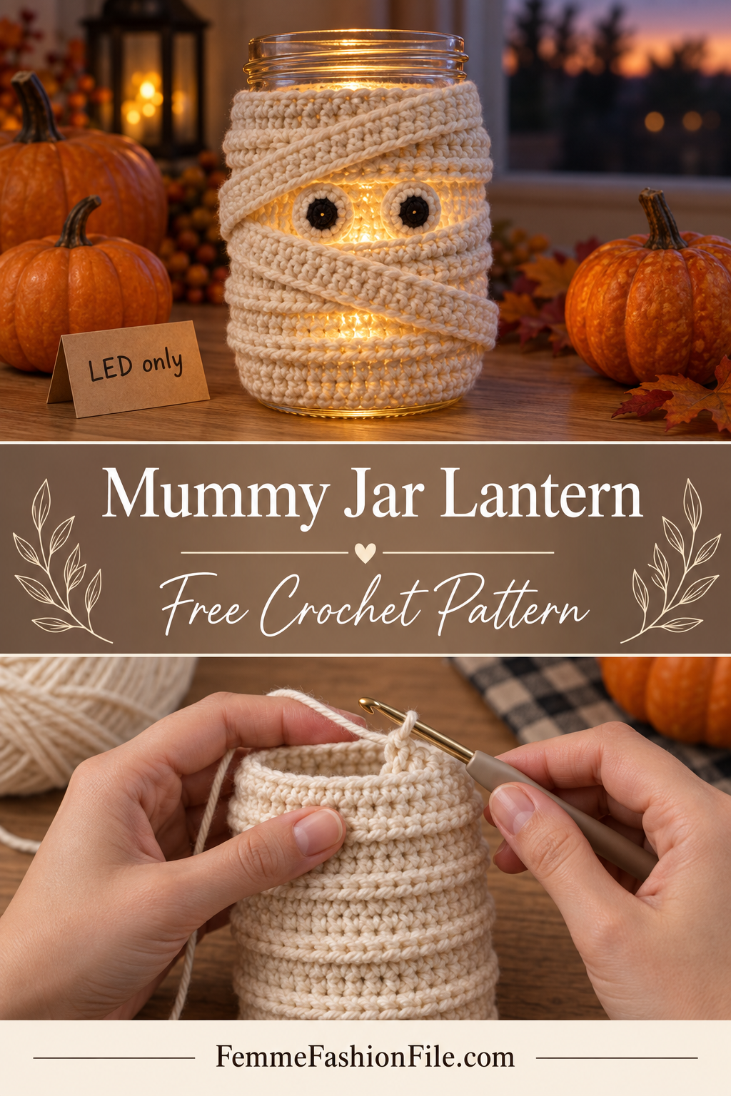 Mummy mason jar lantern free crochet pattern with an LED tealight