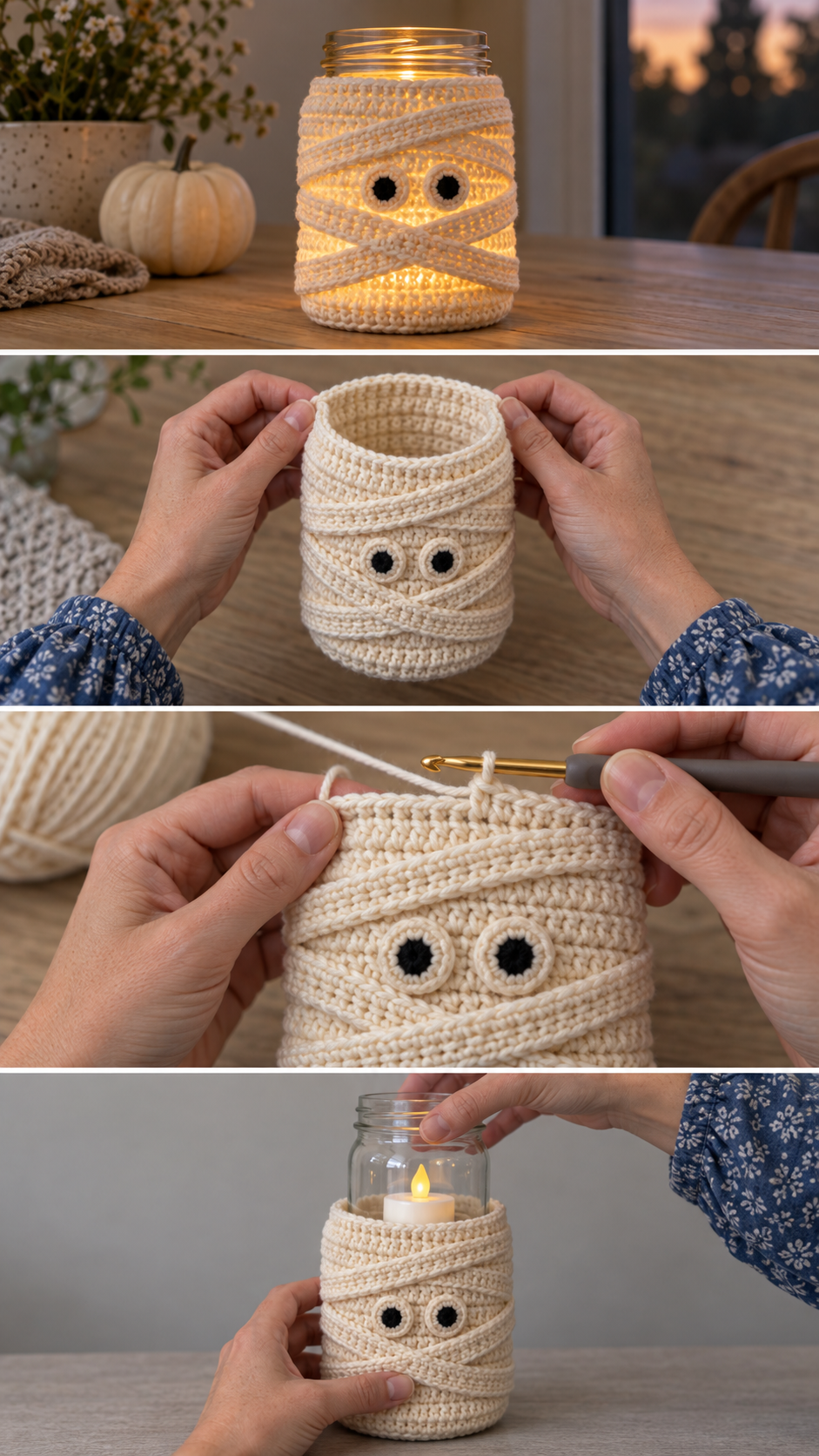 Mummy mason jar lantern shown glowing, as a crochet sleeve, being crocheted and with an LED tealight