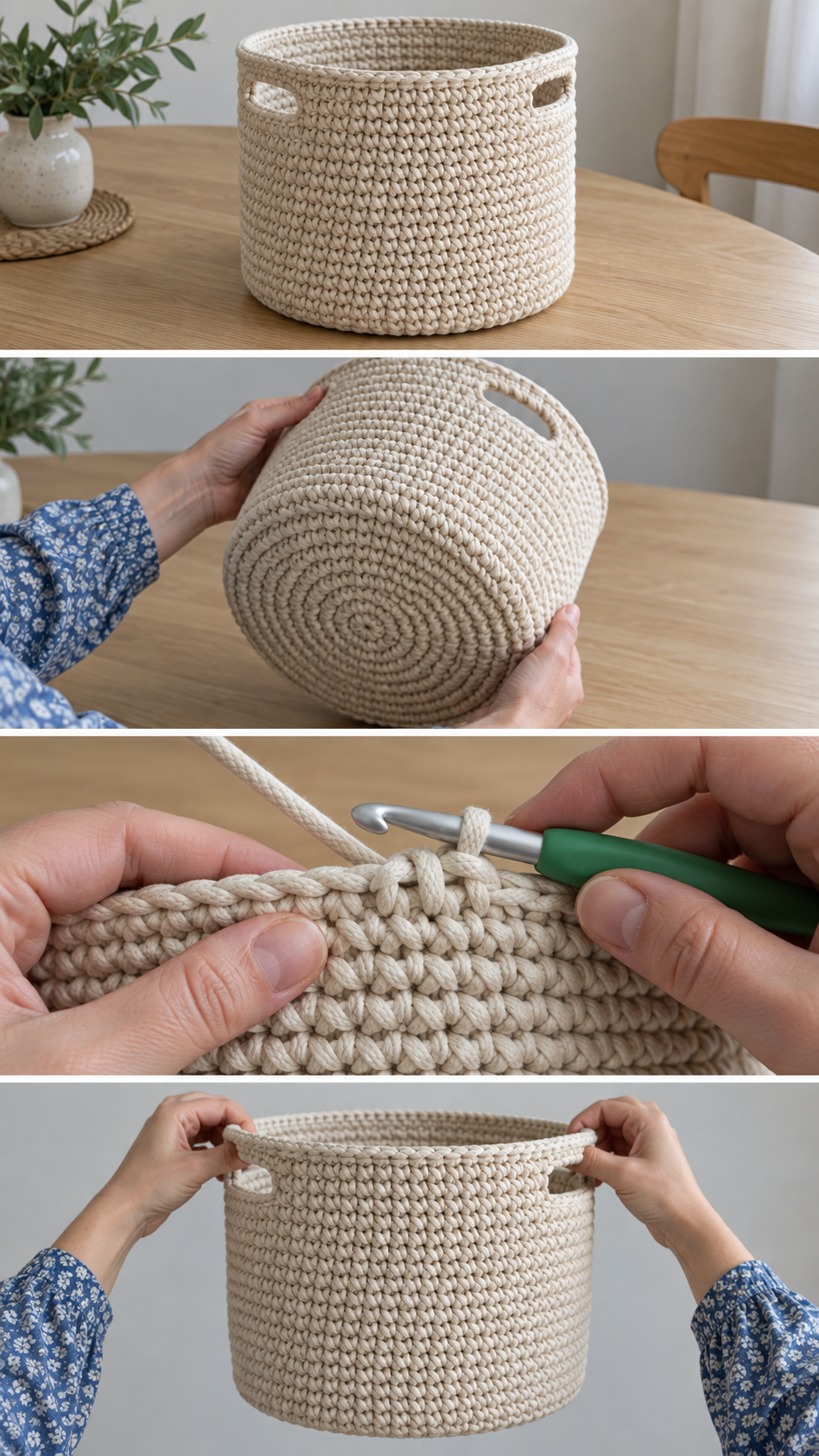 Round crochet basket in cotton cord shown finished, tilted to show the base, being crocheted and held by its handles