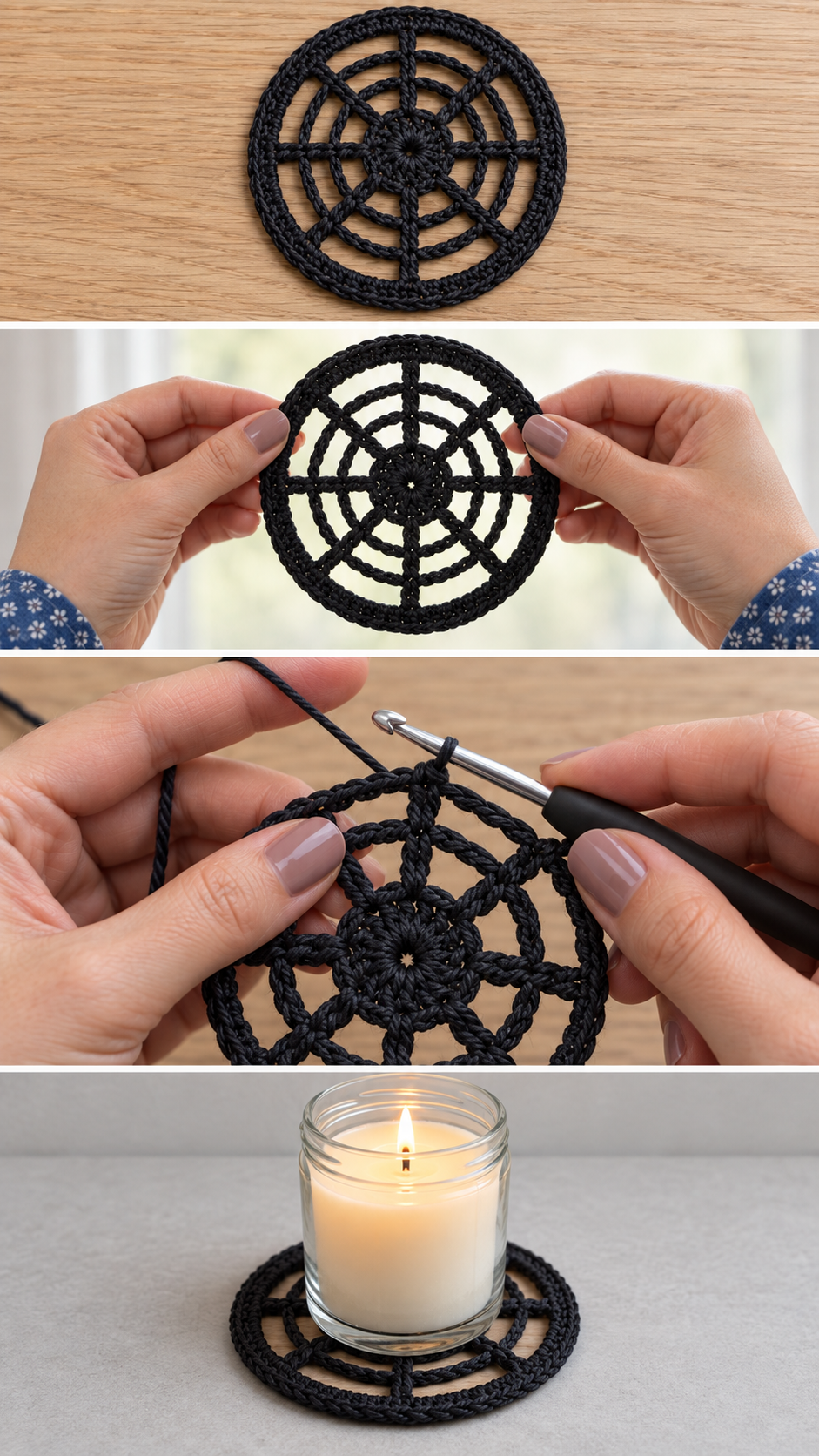 Spider web crochet coaster shown flat, held to the light, being crocheted and under a candle jar