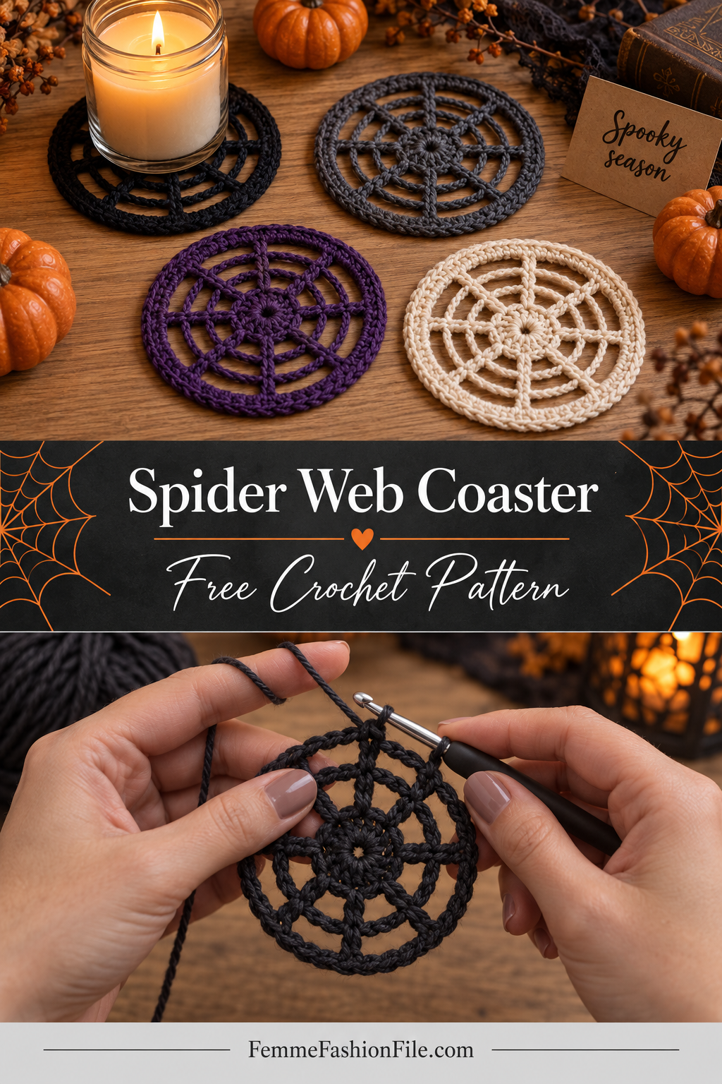Spider web crochet coaster free Halloween pattern