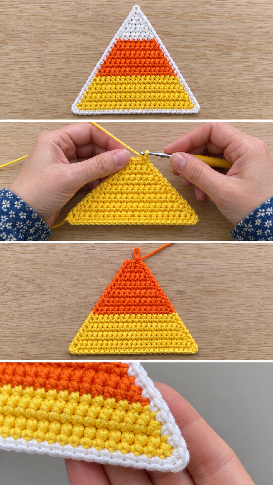 Candy corn crochet coaster shown finished, with the rows narrowing, the stripes and the white border