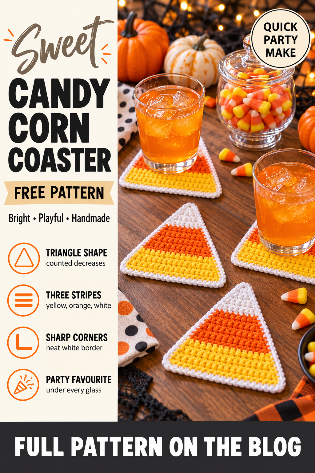 Candy corn triangle crochet coaster free Halloween pattern