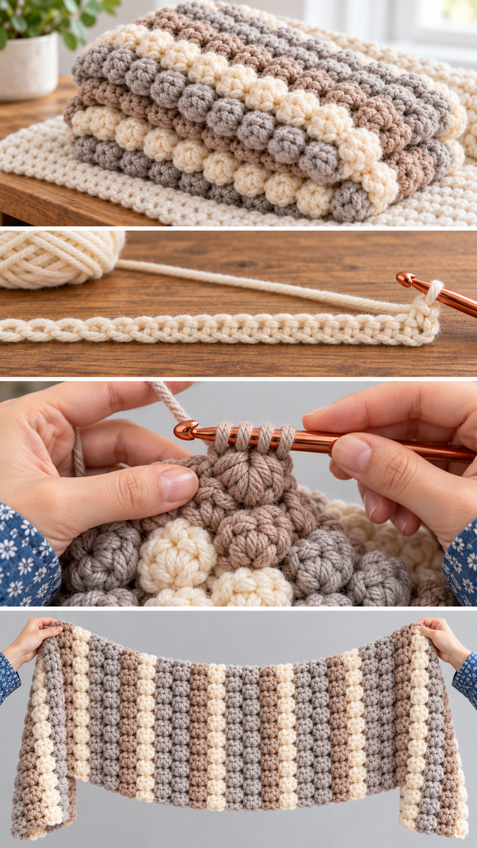 Step-by-step photos: how to make a chunky crochet cluster stitch scarf