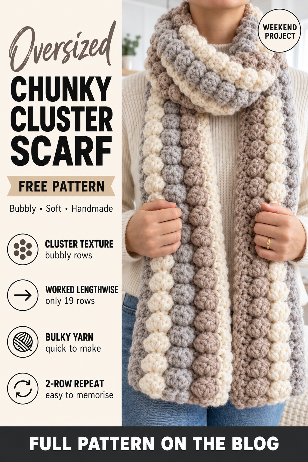 Chunky Crochet Cluster Stitch Scarf – Free Pattern