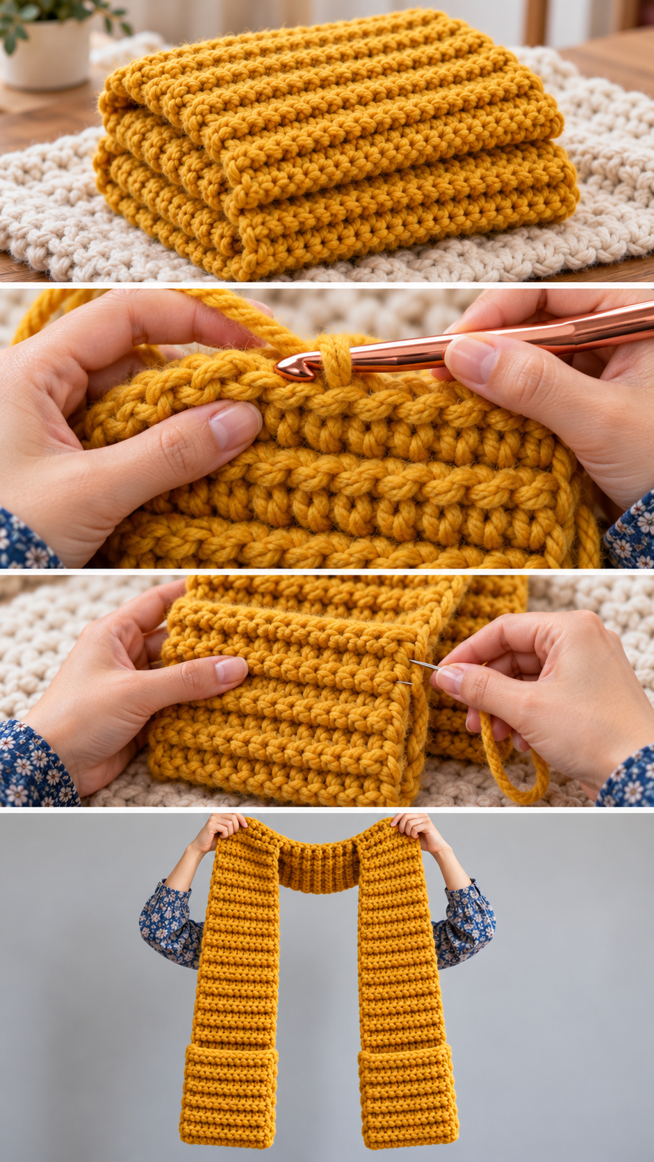 Step-by-step photos: how to make a chunky ribbed crochet scarf
