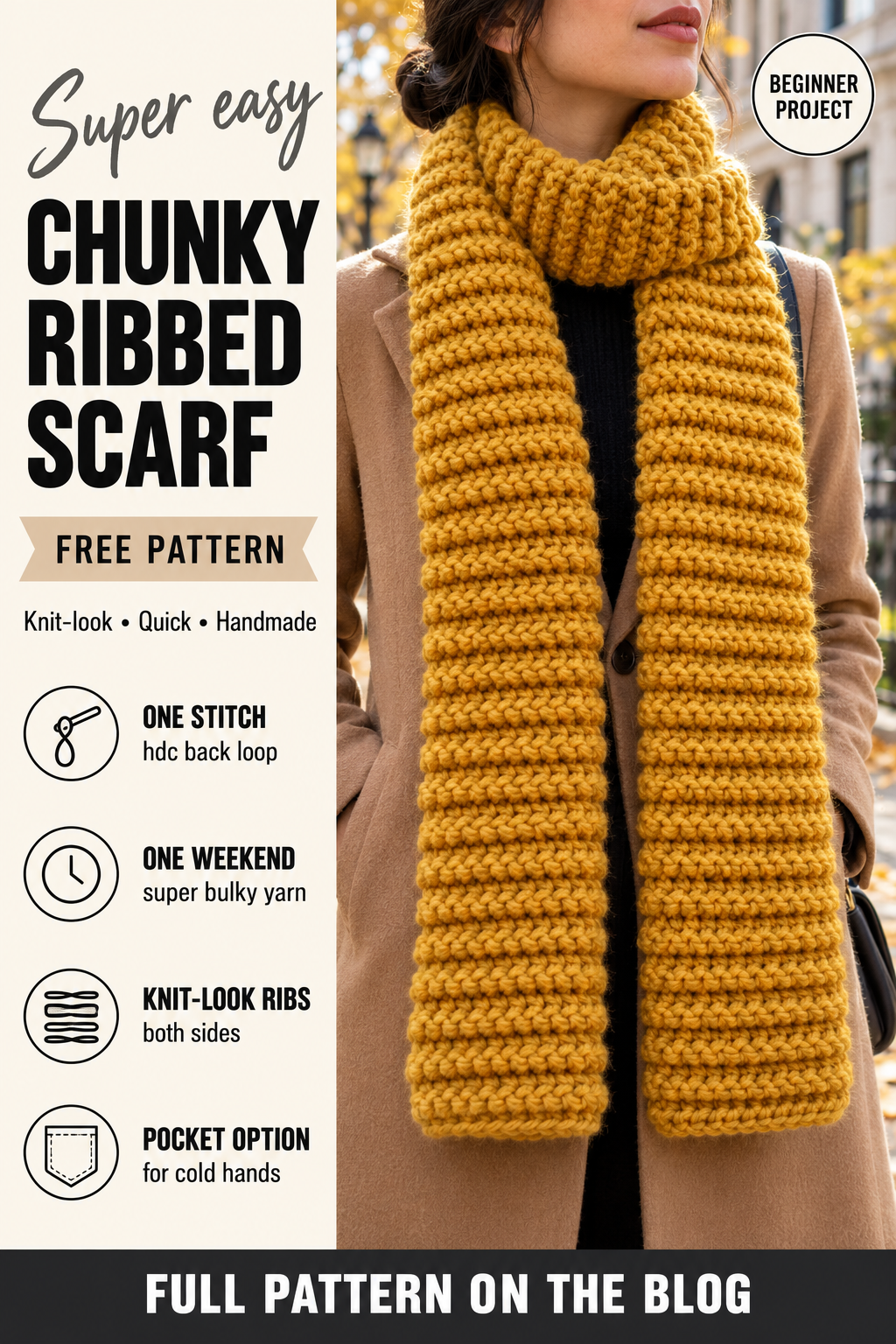 Chunky Ribbed Crochet Scarf (Easy Beginner Pattern)