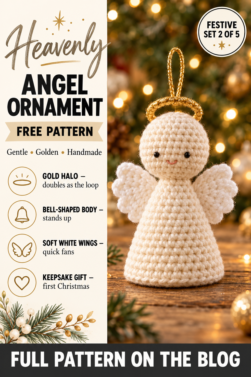 Free pattern pin: crochet angel Christmas ornament with gold halo