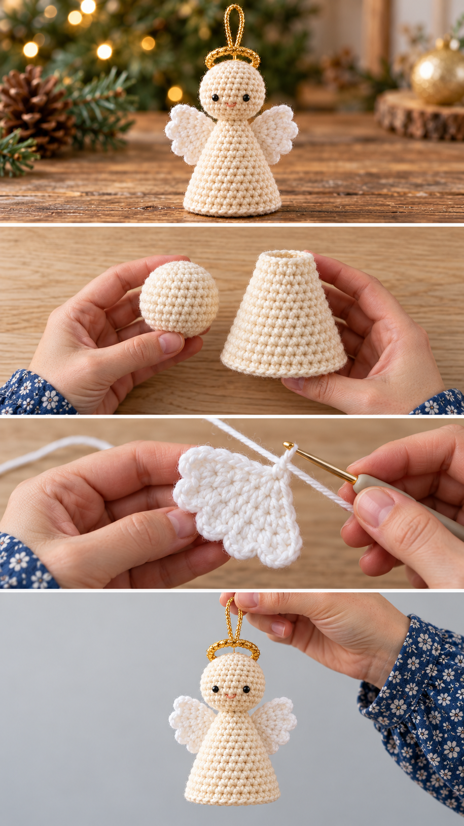 Step-by-step photos: how to crochet a crochet angel Christmas ornament with gold halo