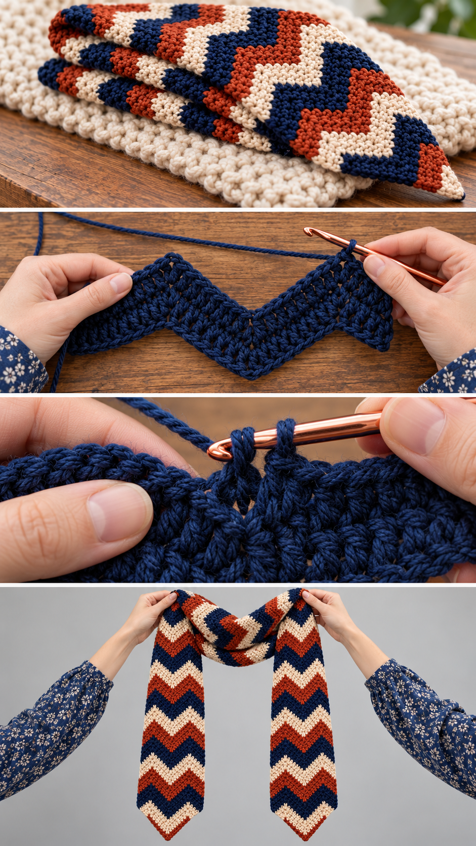 Step-by-step photos: how to make a striped crochet chevron scarf
