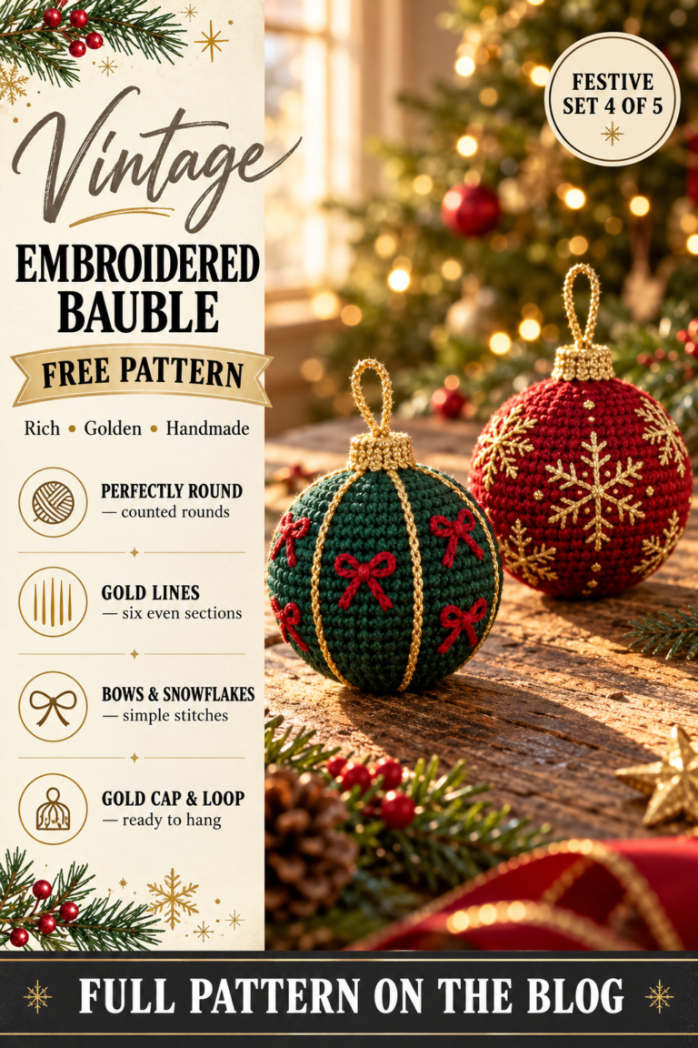 Free pattern pin: embroidered crochet Christmas bauble ornament