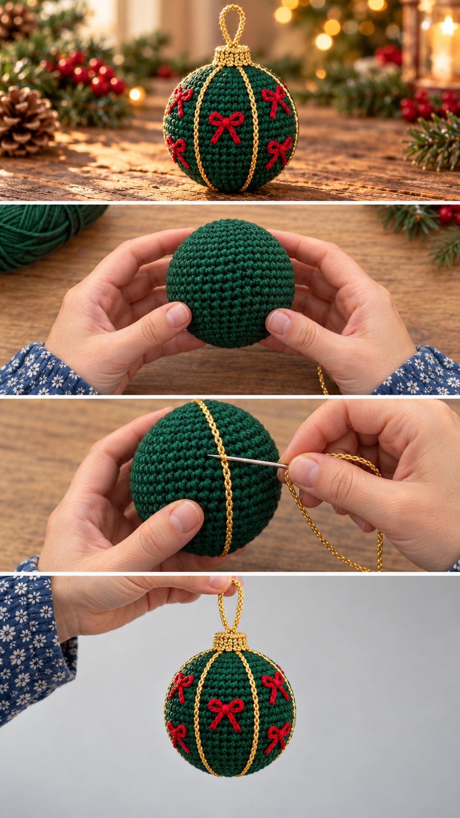 Step-by-step photos: how to crochet a embroidered crochet Christmas bauble ornament