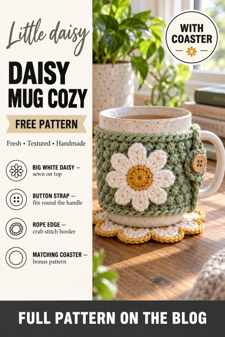 Free pattern pin: crochet daisy mug cozy with button