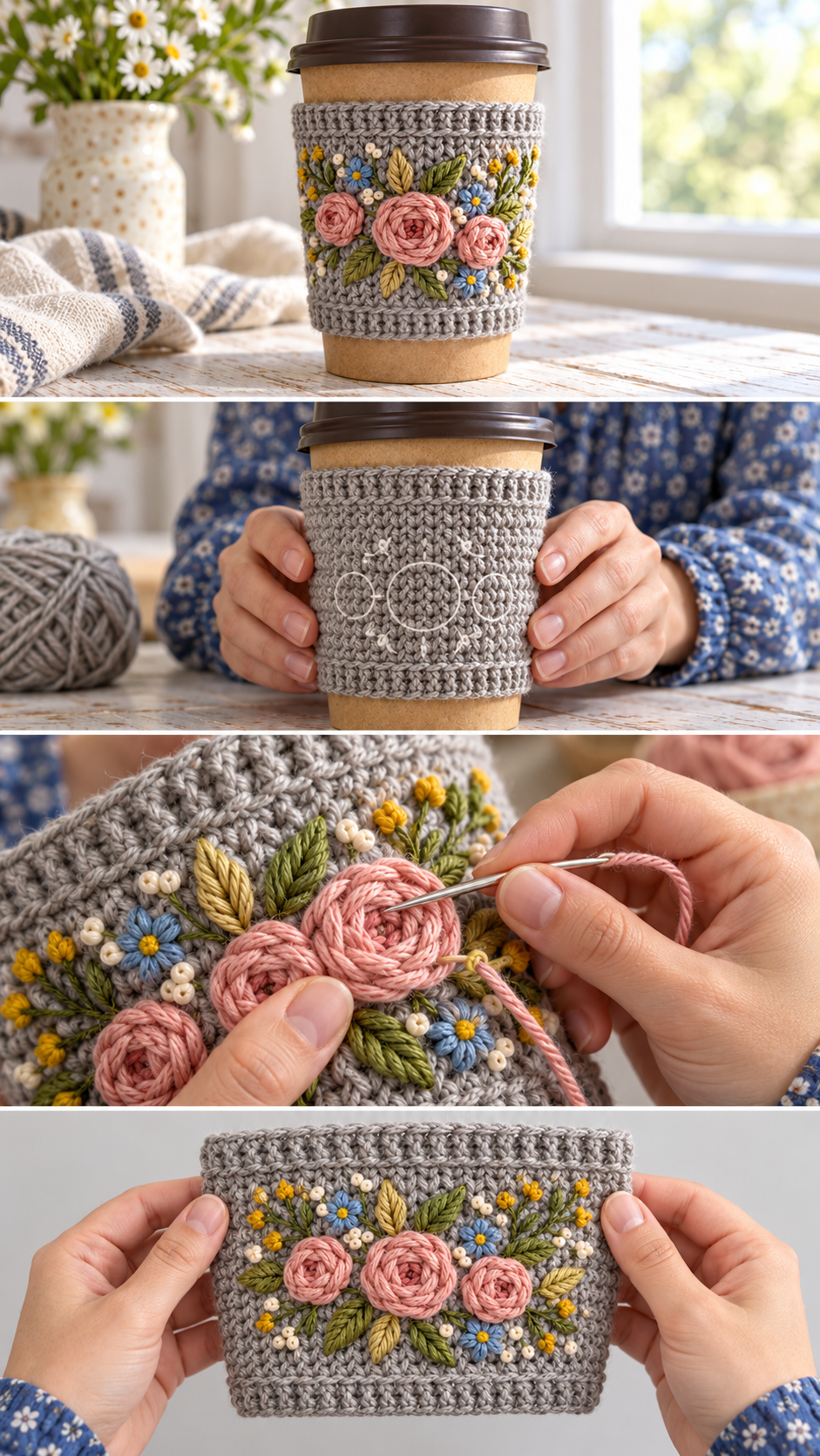 Step-by-step photos: how to make a crochet cup cozy with embroidered flowers
