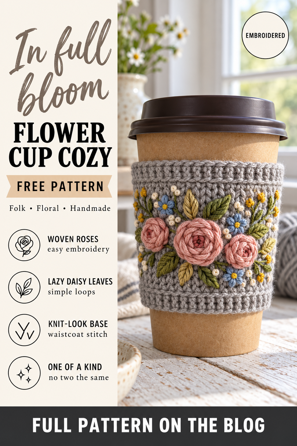 Crochet Cup Cozy with Embroidered Flowers – Free Pattern