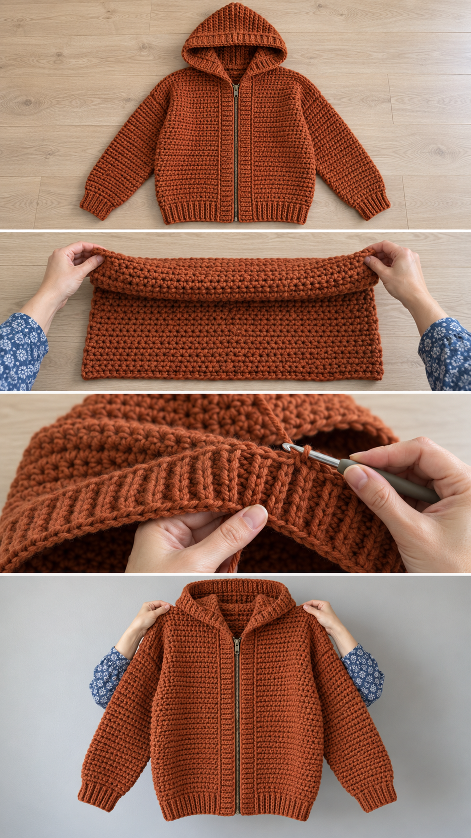 Rust crochet hooded jacket shown flat, with the hood rectangle being folded, the hood band worked and held up