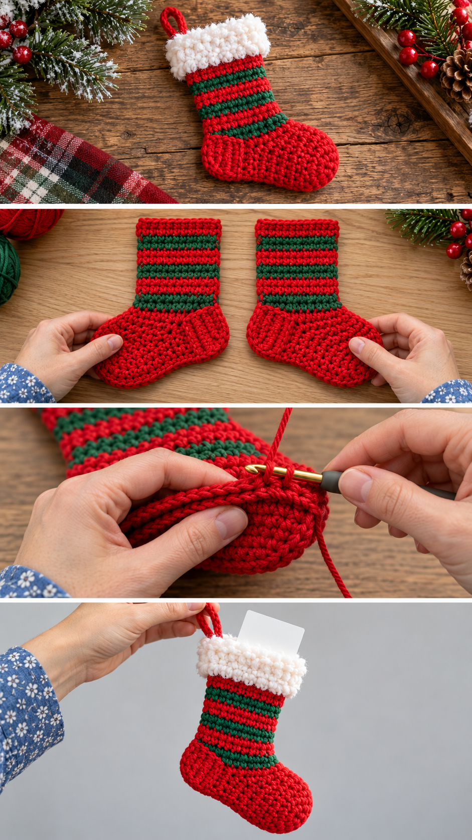 Step-by-step photos: how to crochet a striped crochet mini stocking ornament