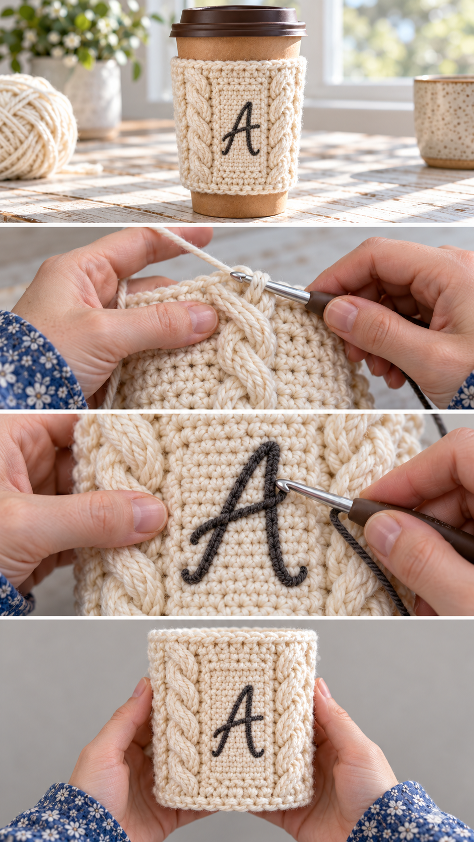 Step-by-step photos: how to make a crochet cable cup cozy with monogram