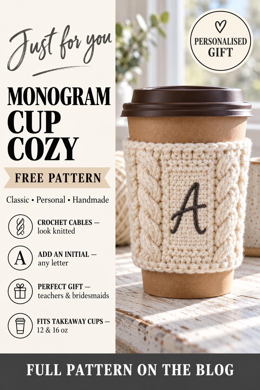 Free pattern pin: crochet cable cup cozy with monogram