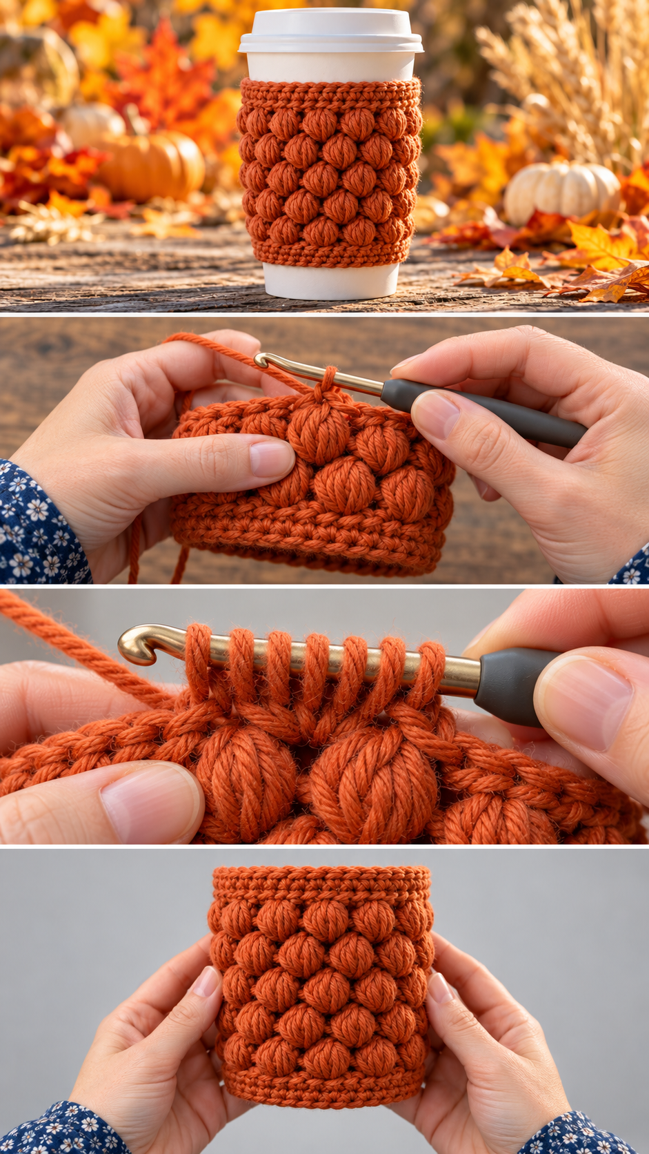 Step-by-step photos: how to make a crochet puff stitch cup cozy