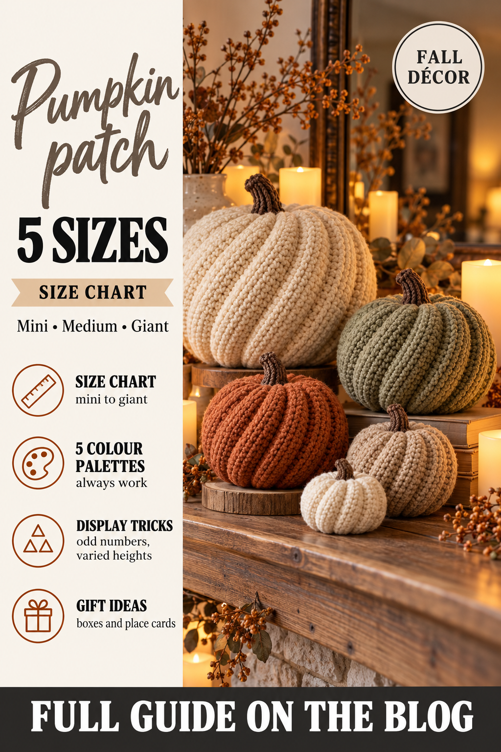Crochet pumpkin patch with spiral pumpkins in five sizes