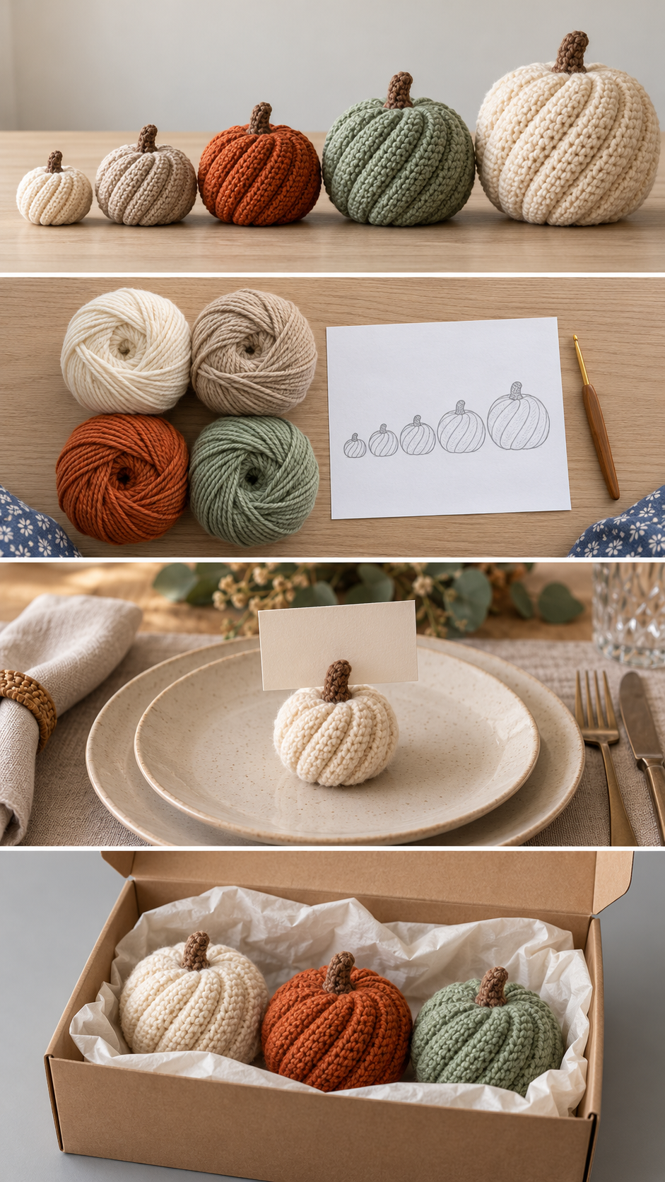 Spiral crochet pumpkins lined up by size, a colour palette sketch, a mini pumpkin place card and pumpkins in a gift box