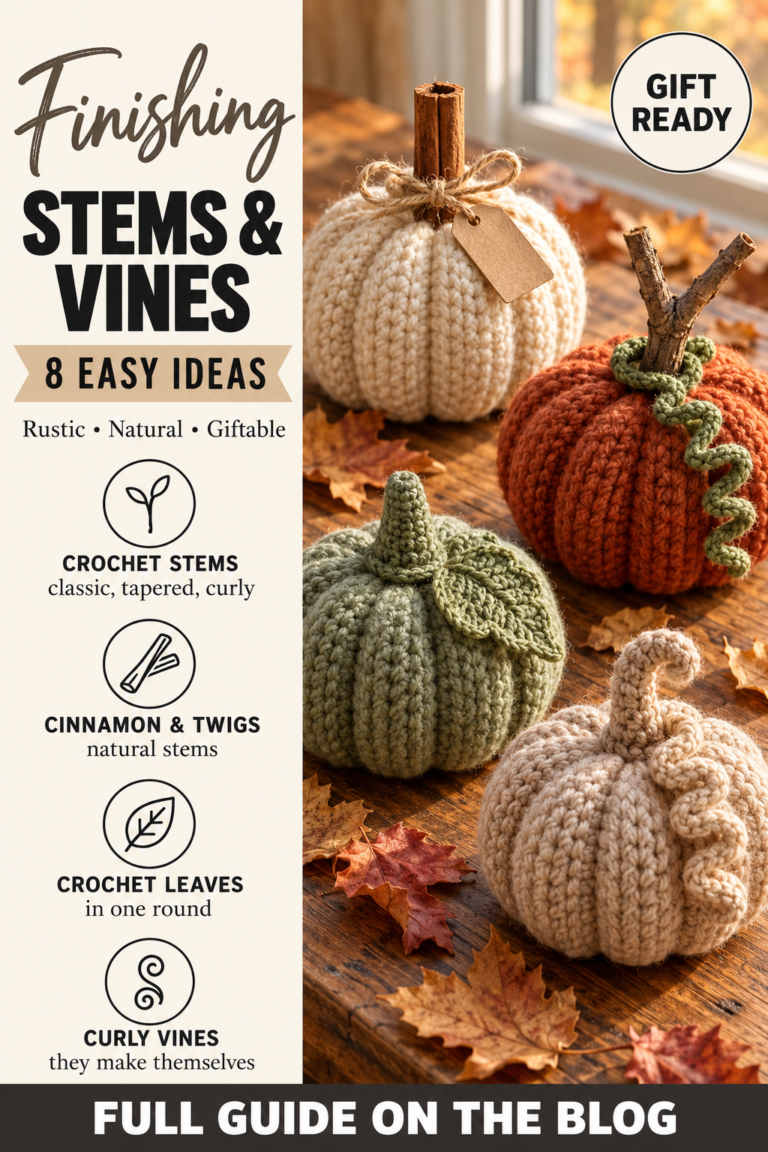Crochet pumpkin stems, leaves and curly vines finishing ideas