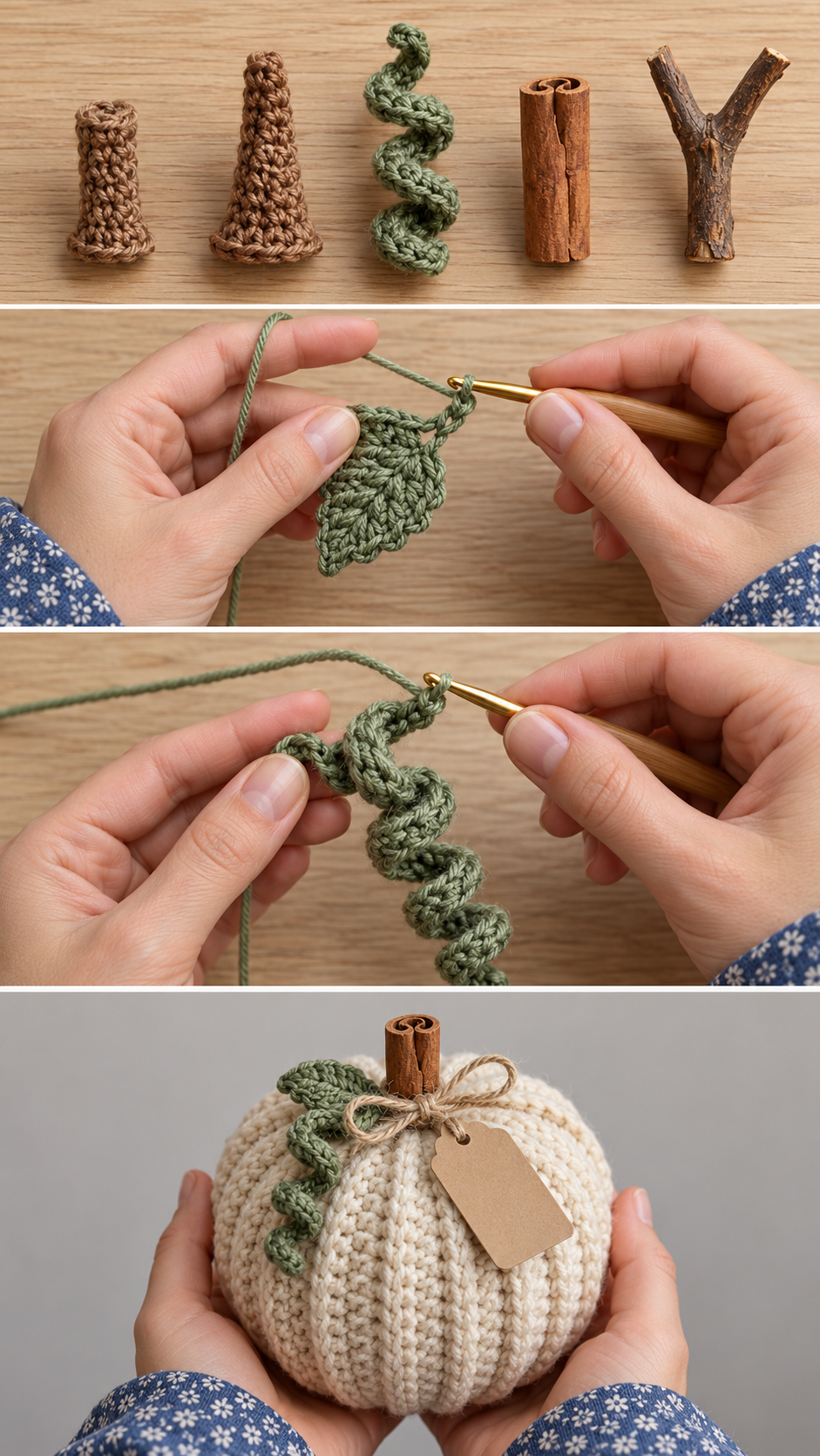 A row of crochet and natural pumpkin stems, a crochet leaf being worked, a corkscrew vine and a pumpkin with a cinnamon stick and tag