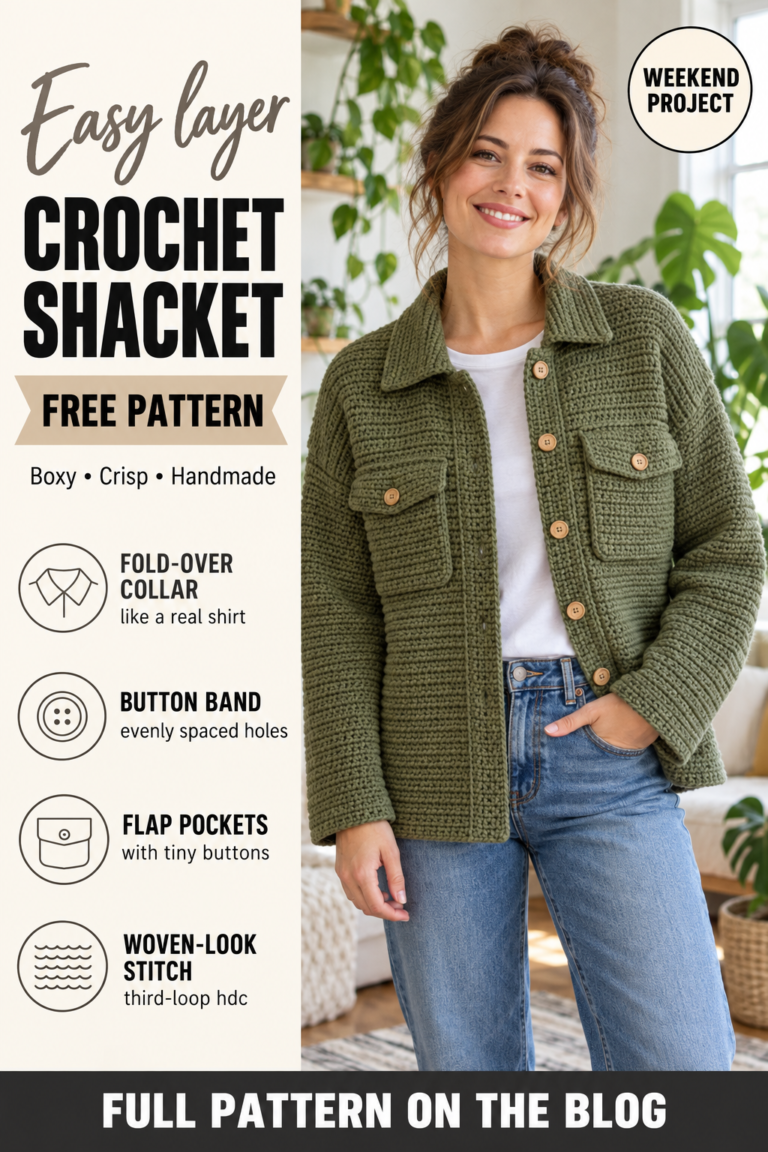 Crochet shacket free pattern with collar and flap pockets