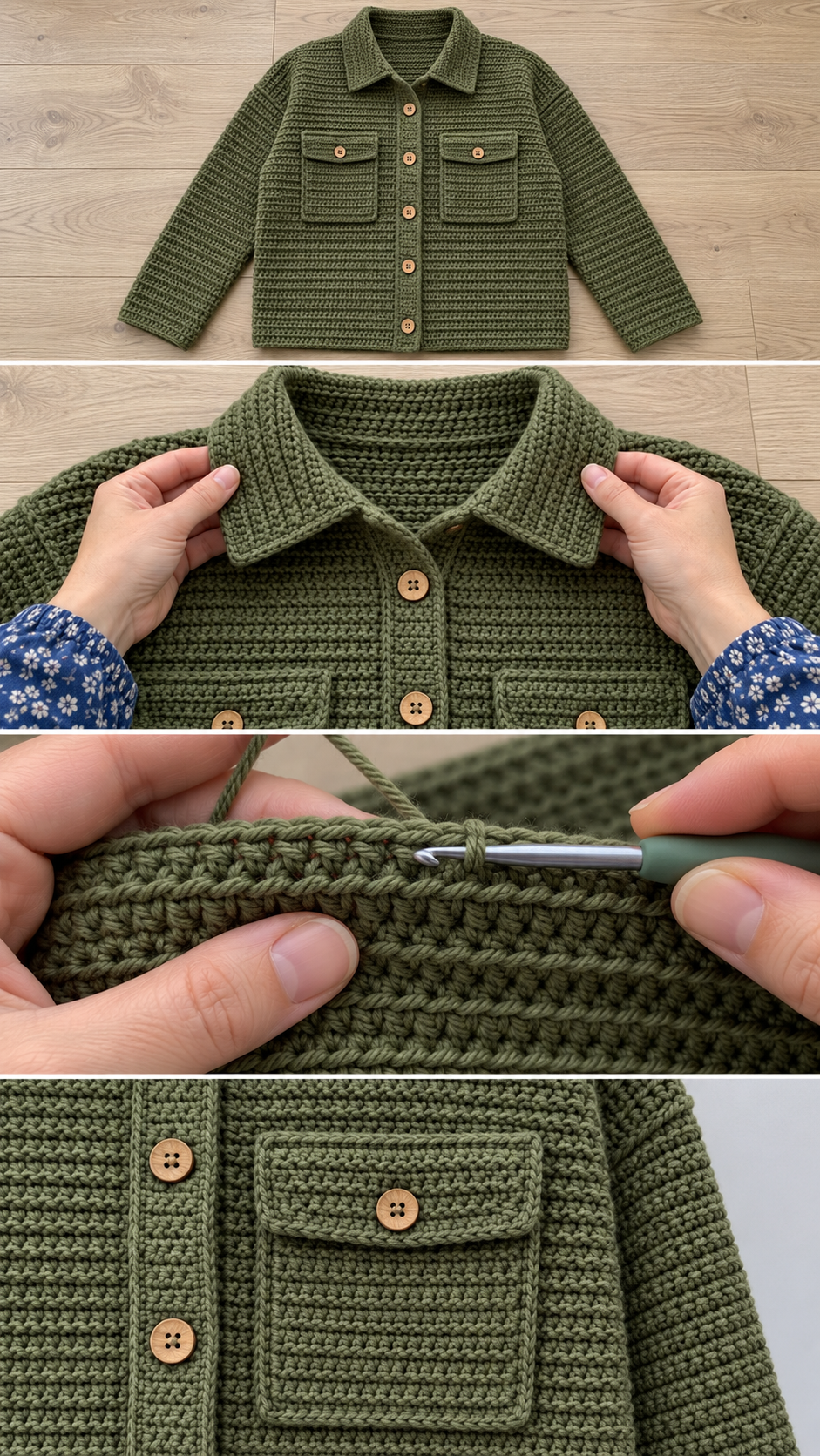 Olive crochet shacket shown flat, with the collar folded, the textured stitch being worked and a buttoned pocket
